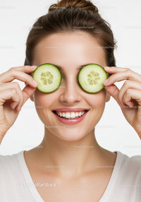 Happy Woman with Cucumber Slices Covering Eyes in Fresh Skincare Scene