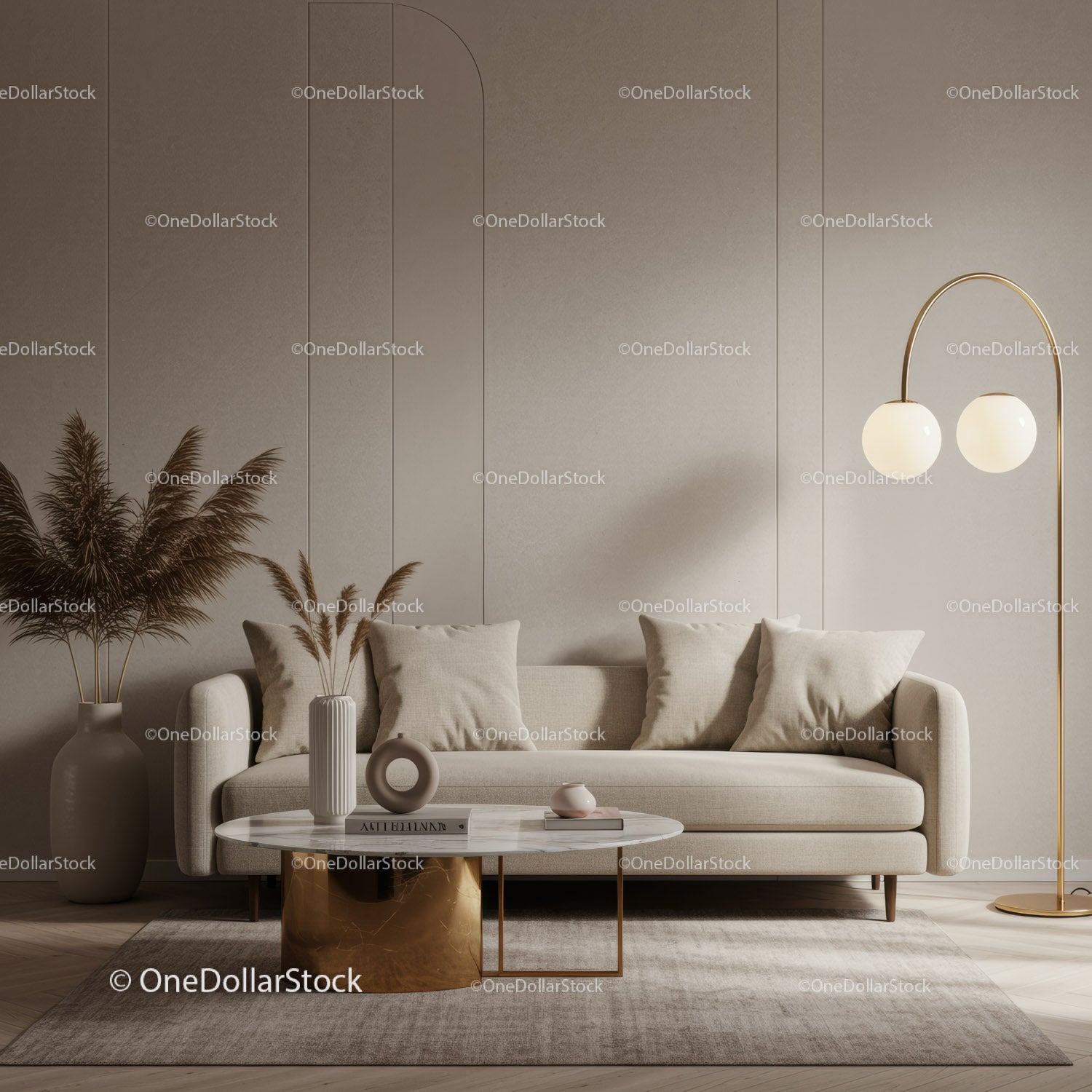 Minimalist beige living room with modern decor elements