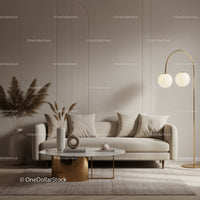 Minimalist beige living room with modern decor elements