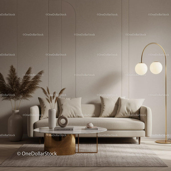 Minimalist beige living room with modern decor elements