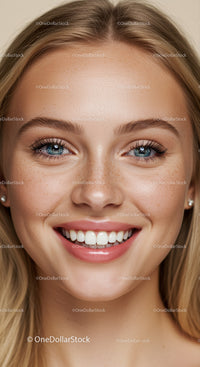 Close-up portrait of smiling young woman with freckles