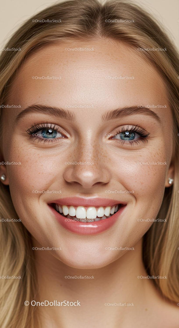 Close-up portrait of smiling young woman with freckles