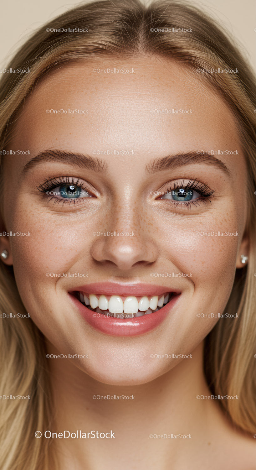 Portret uśmiechniętej młodej kobiety z piegami