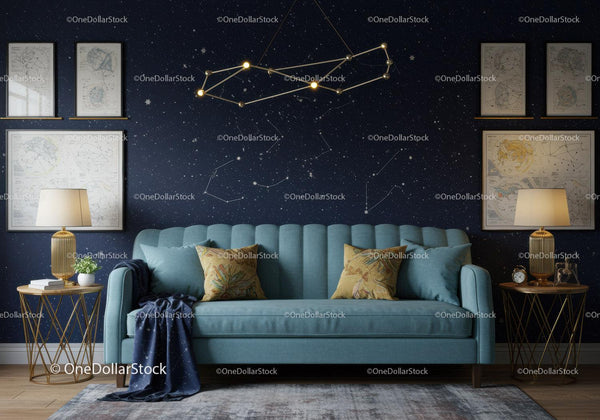 Cozy living room with constellation wall decor