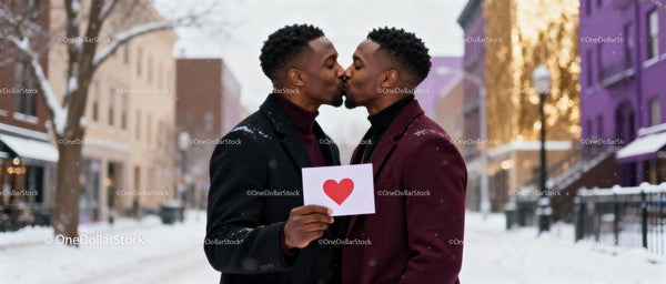 LGBTQ couple sharing a kiss with heart card in winter