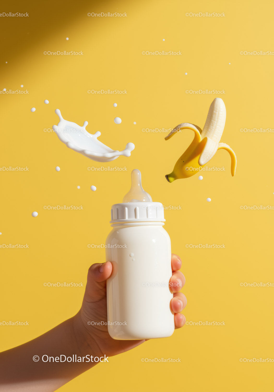 Butelka do karmienia dziecka z chlapnięciem i bananem na żółtym tle
