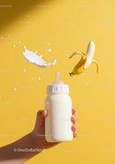 Baby feeding bottle with splash and banana on yellow