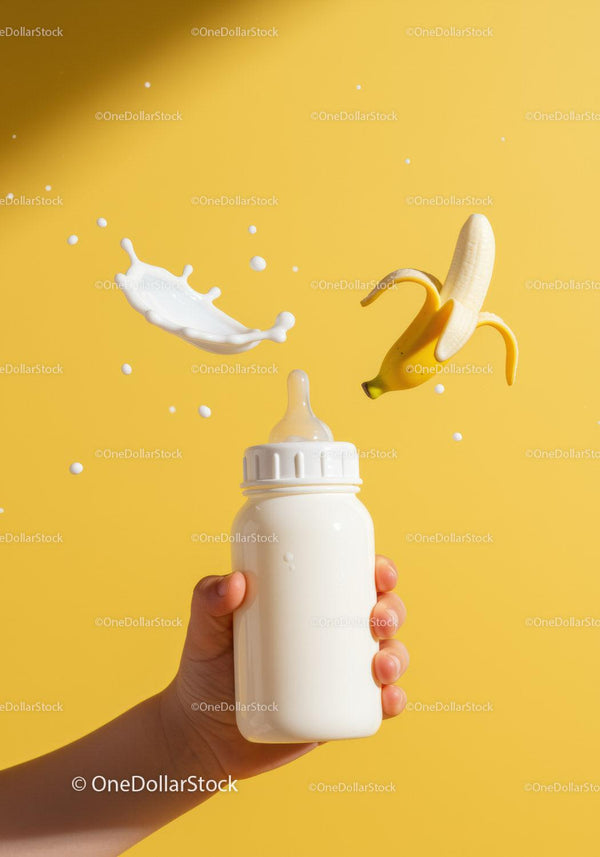 Butelka do karmienia niemowląt z rozpryskiem i bananem na żółtym tle