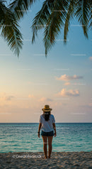 Woman Standing Alone on Beach at Sunset with Palm Trees and Ocean View