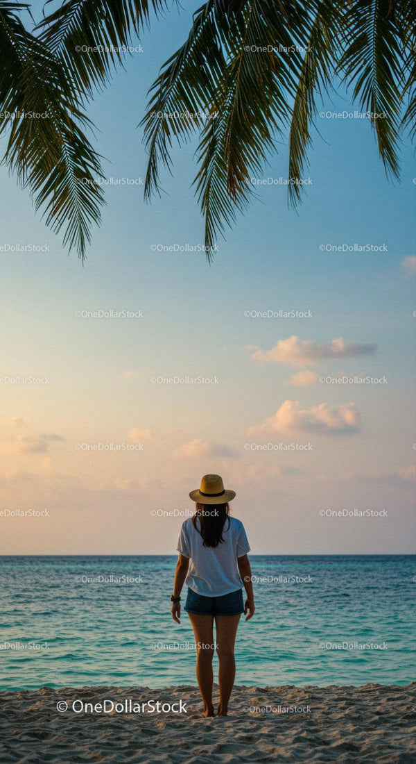 Woman Standing Alone on Beach at Sunset with Palm Trees and Ocean View