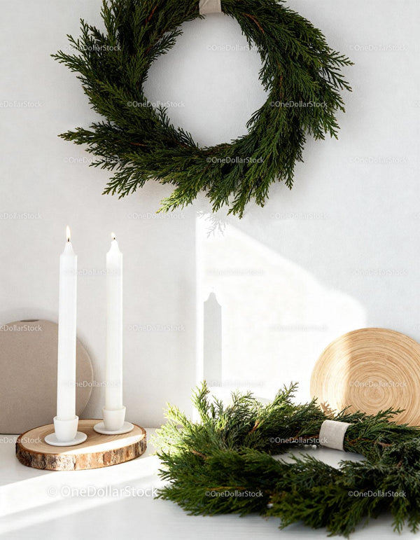 Minimalist Holiday Greenery and Candles on White Table