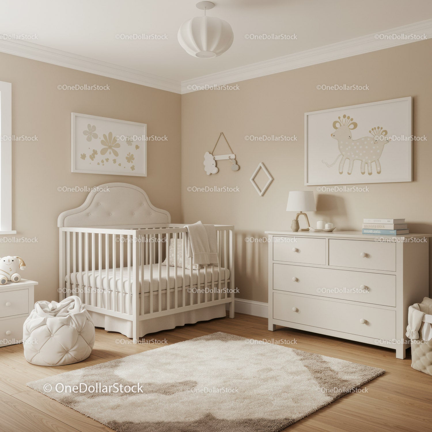 Decorative Nursery with White Baby Crib and Cute Wall Art