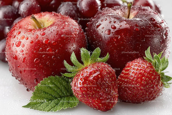 Fresh Ripe Strawberries with Dew Drops and Green Leaves