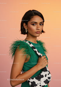 Elegant Woman in Green Dress with Feathered Details and Cow Print Bag