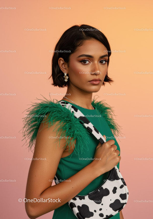 Elegant Woman in Green Dress with Feathered Details and Cow Print Bag