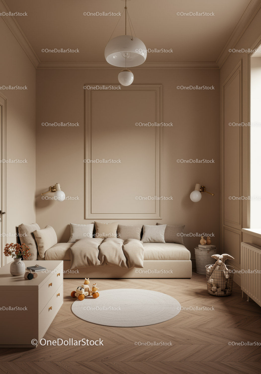 Nowoczesny, przytulny salon z beżową sofą i drewnianą podłogą