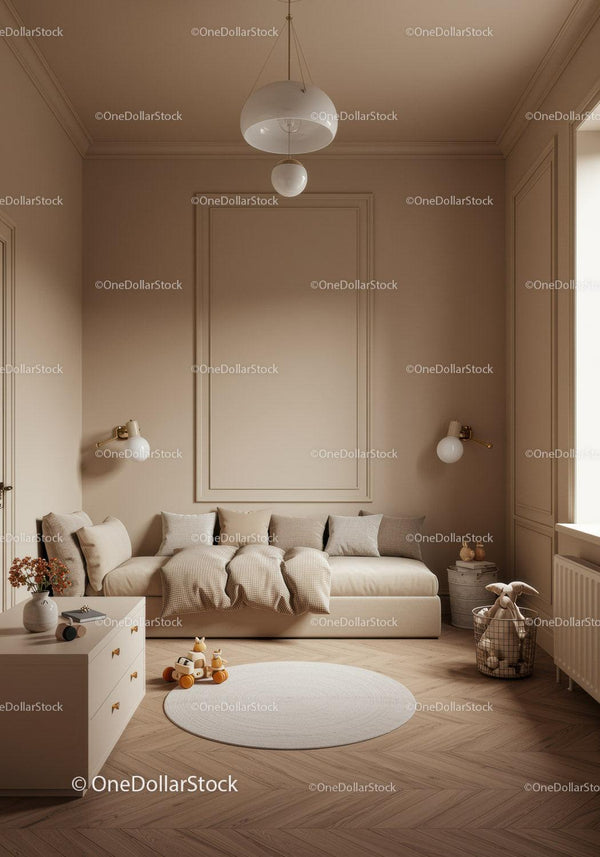 Nowoczesny przytulny salon z beżową sofą i drewnianą podłogą