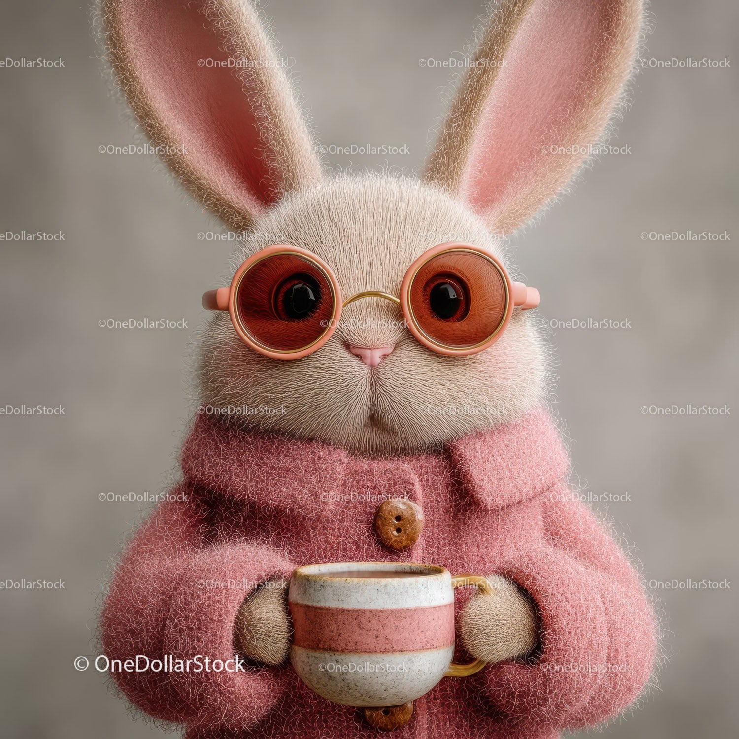Cute Bunny Wearing Sunglasses and Cozy Pink Sweater Holding Coffee Mug