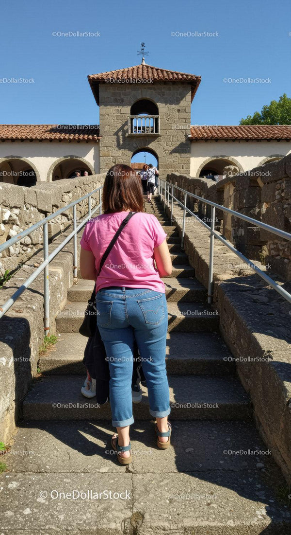 Tourists Visiting a Historic Stone Castle with Tower and Arched Entry