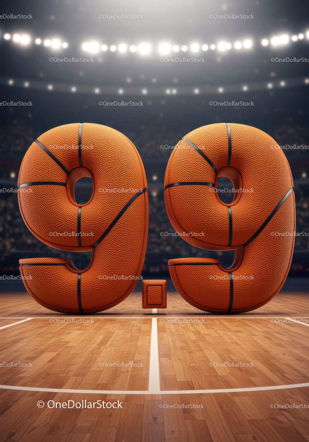 Basketball themed numeric score on court floor