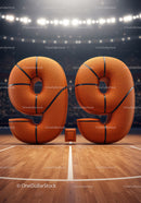 Basketball themed numeric score on court floor