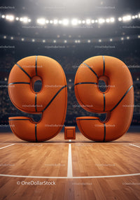 Basketball themed numeric score on court floor