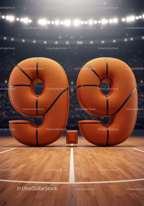 Basketball themed numeric score on court floor