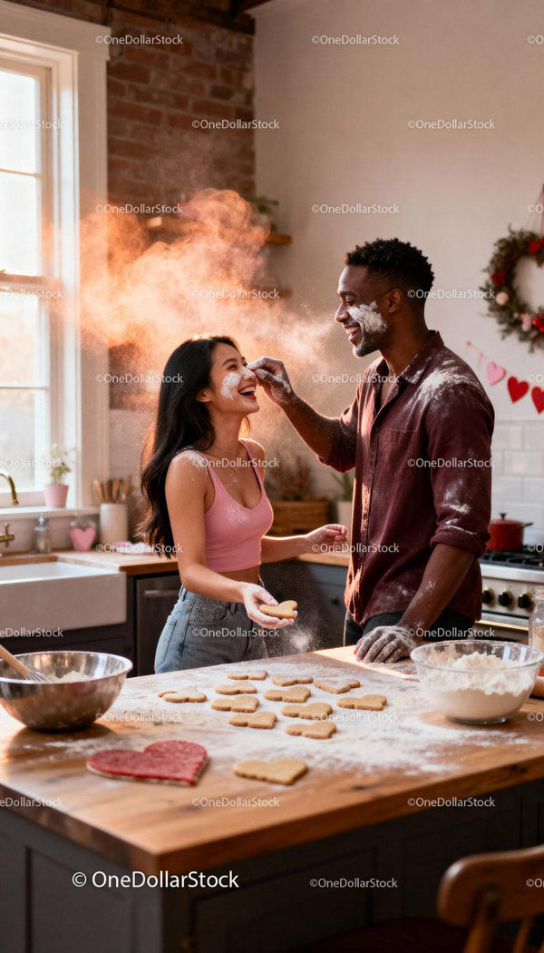 Couple playfully baking heart shaped cookies at home