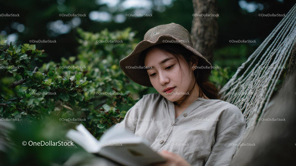 Woman Reading Relaxing in Green Garden with Wide-brim Hat