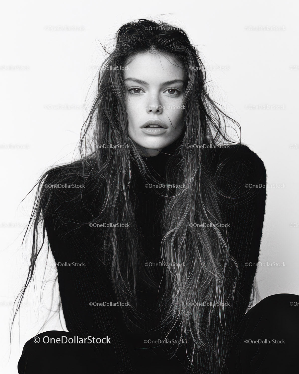 Elegant Black and White Portrait of Young Woman with Wet Hair