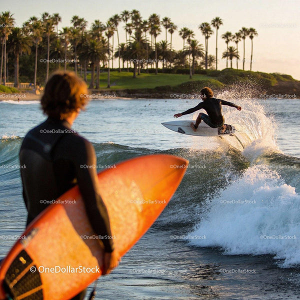 Surfer catching a wave near palm tree coastline