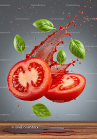 Fresh tomato slices with basil leaves and splash