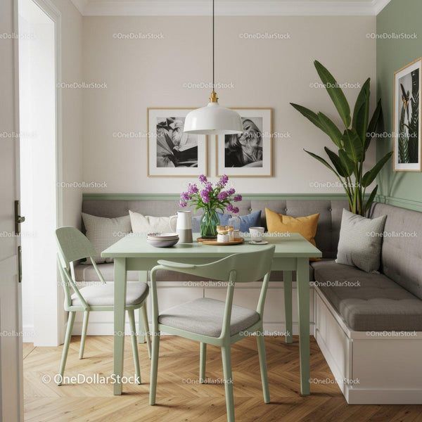 Modern Dining Corner with Green Table and Leafy Plant for Stylish Home