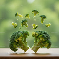 Fresh broccoli florets levitating above wooden surface