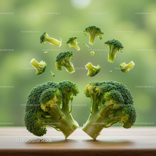 Fresh broccoli florets levitating above wooden surface