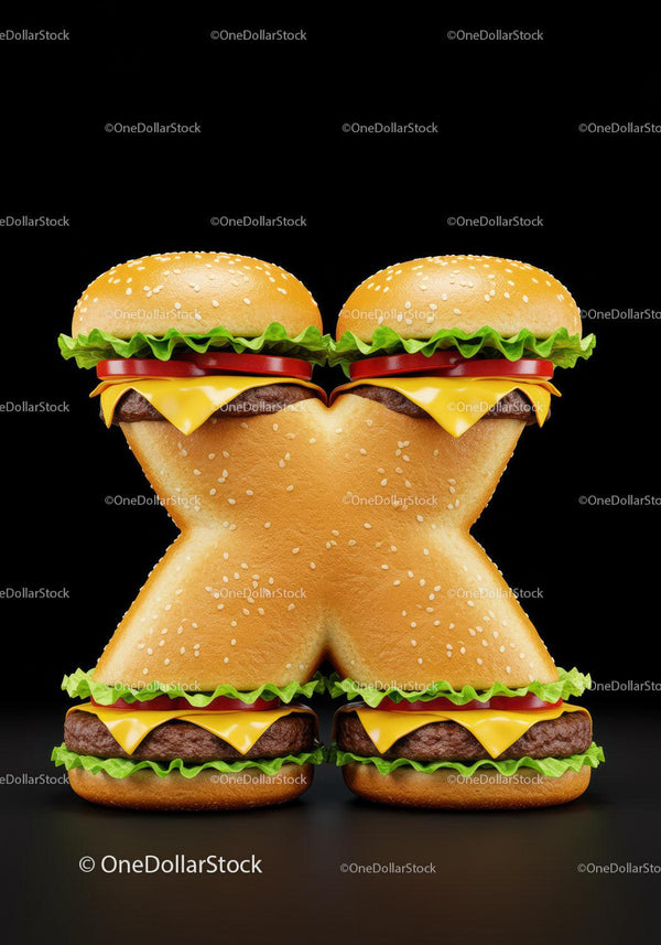 Cheeseburger shaped as letter X with fresh ingredients