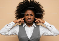 Frustrated Woman Covering Ears with Annoyed Expression