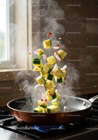 Fresh zucchini and onion sauté tossed in copper pan