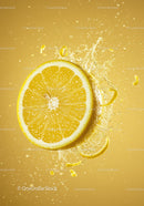Fresh Lemon Slice with Water Splash on Yellow Background
