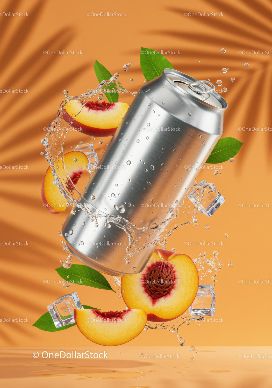 Refreshing canned beverage with fresh peaches and splash
