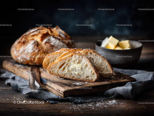 Sliced Fresh Artisan Bread with Butter on Rustic Wooden Board