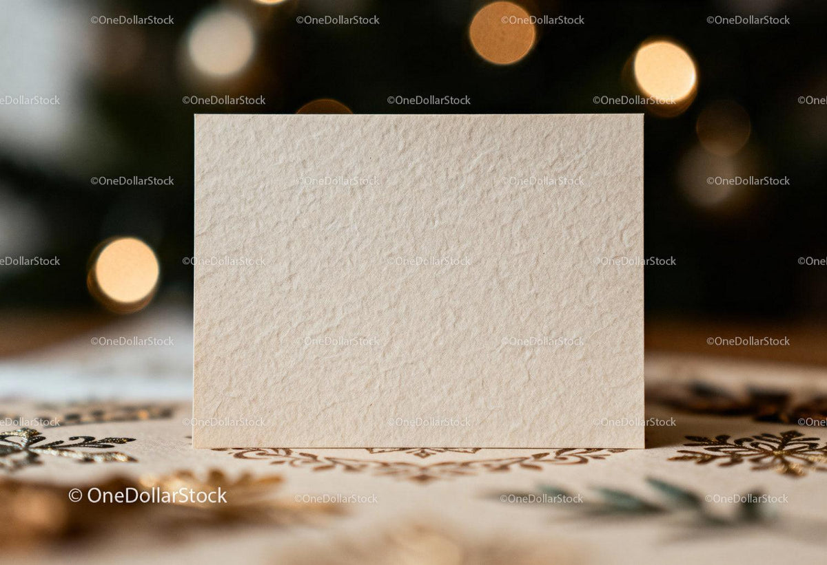 Blank Vintage Card on Ornate Tablecloth with Warm Lights JPG Mockup Image preview