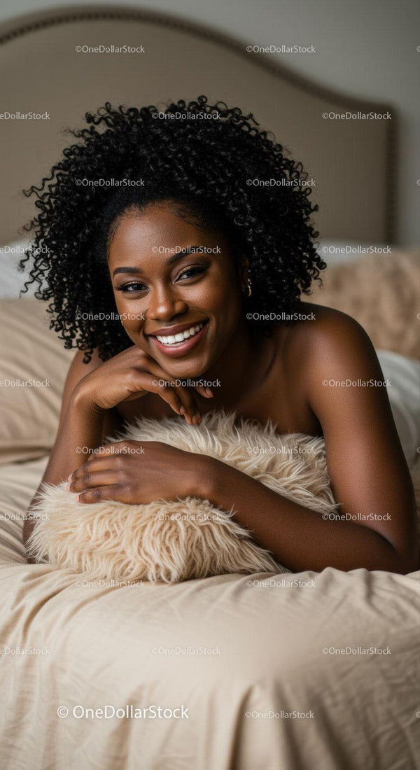 Smiling woman relaxing with cozy pillow on bed