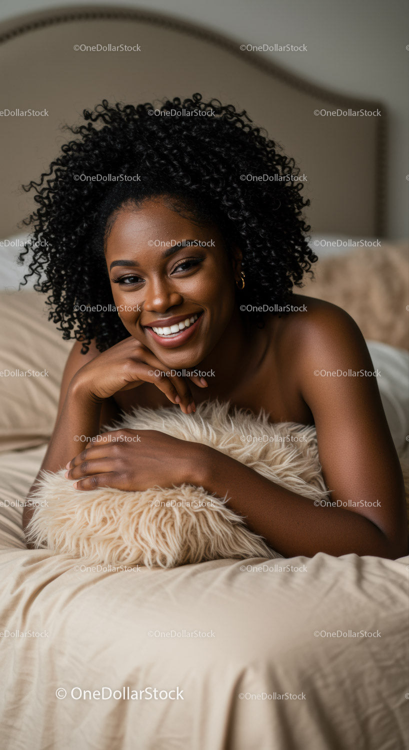 Smiling woman relaxing with cozy pillow on bed