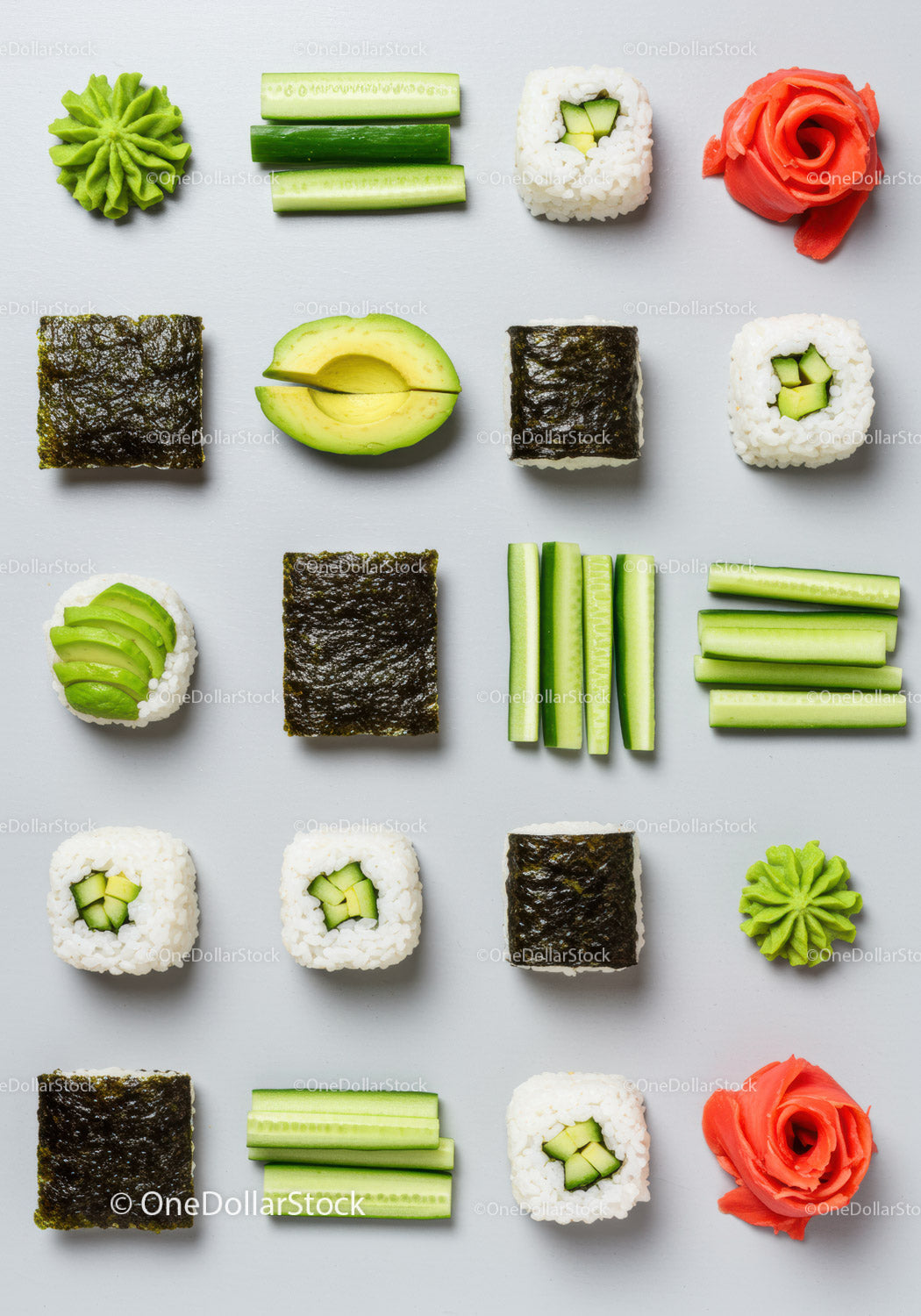 Różne składniki wegańskiego sushi ułożone na jasnej powierzchni