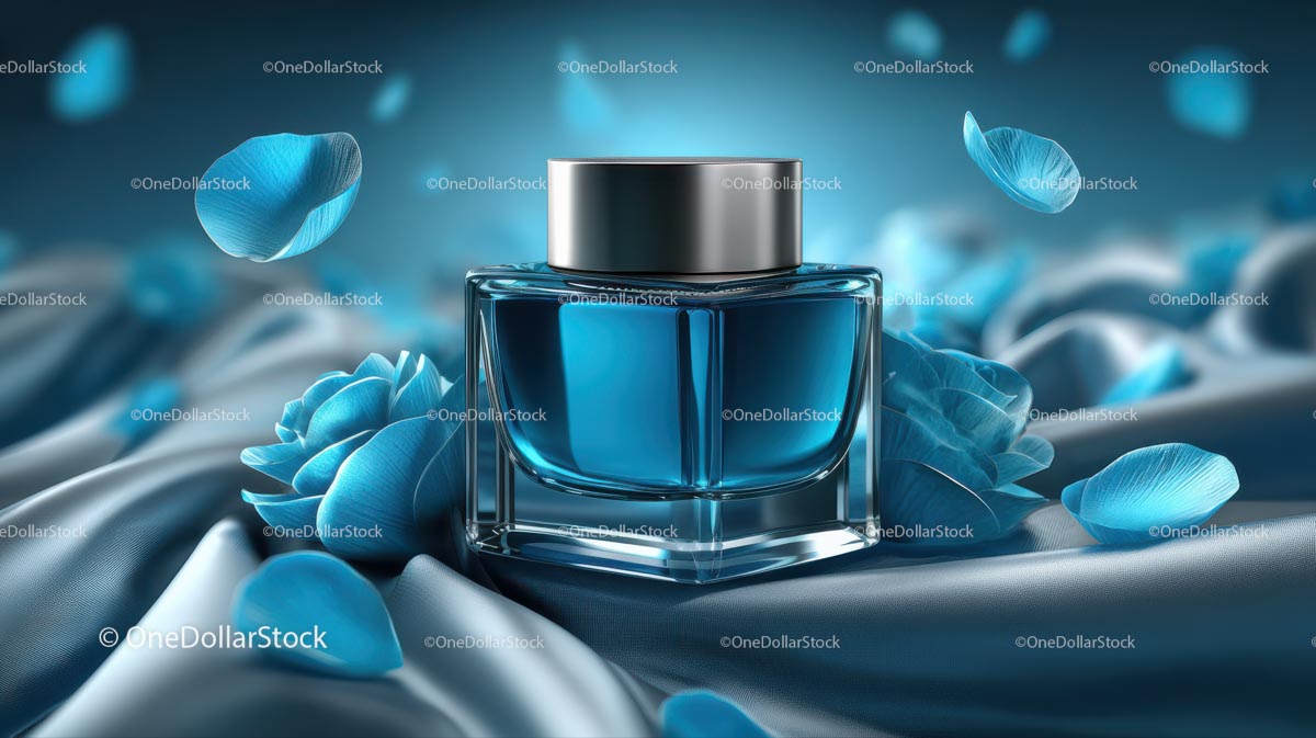 Luxury Blue Cosmetic Jar Surrounded by Elegant Floral Accents
