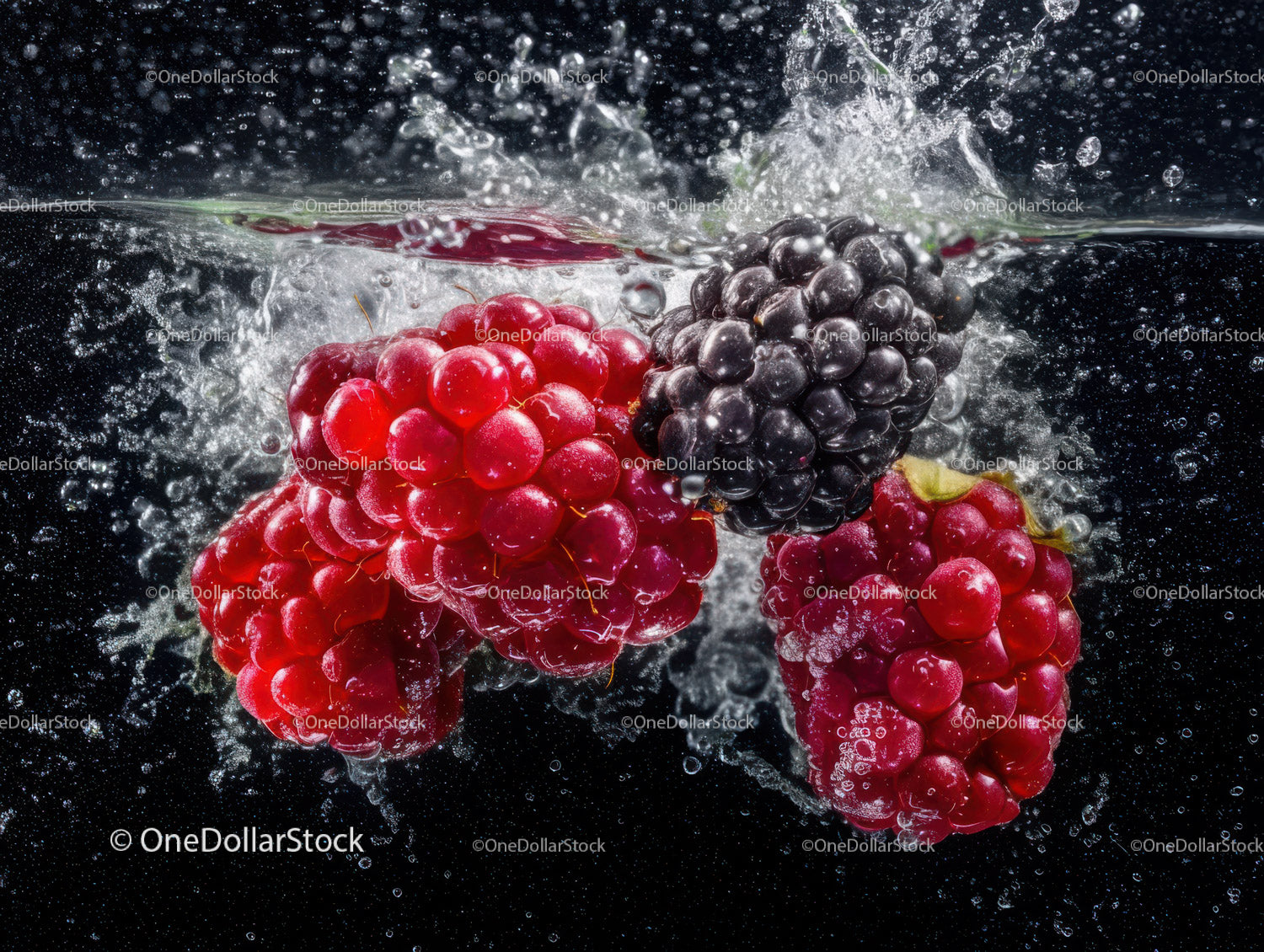 Fresh Blackberries and Raspberries Splashing in Water