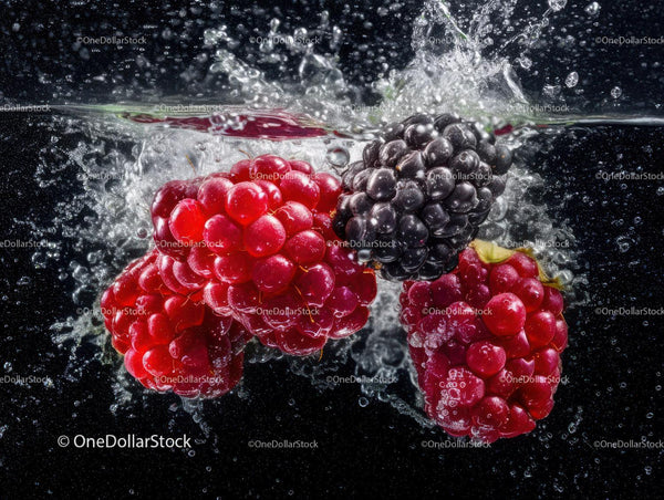 Fresh Blackberries and Raspberries Splashing in Water