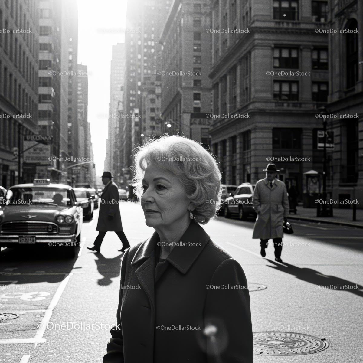 Elderly Woman in Busy City Street Surrounded by Vintage Cars