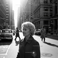 Elderly Woman in Busy City Street Surrounded by Vintage Cars